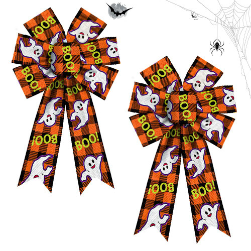 Estivaux 2 Pieces Halloween Bows for Wreath, Halloween Ghost Wreath Bows Orange Black Buffalo Plaid Bows Holiday Burlap Bows for Front Door Halloween Decorations Suppies