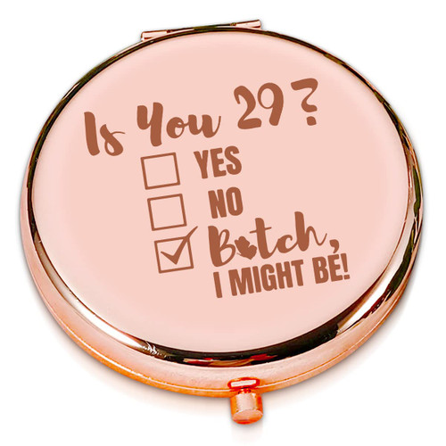 LRUIOMVE Funny 29th Birthday Gifts Rose Gold Engraved Travel Makeup Mirror, 29 Years Old Compact Pocket Cosmetic Mirror for Women Sister Friends Birthday