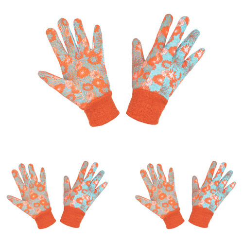 HLDD HANDLANDY Women Gardening Gloves, 3 Pairs Ladies Soft Cotton Work Gloves, Floral Printing Jersey Garden Gloves with PVC Grip Dots (Medium, Orange 3 Pairs)