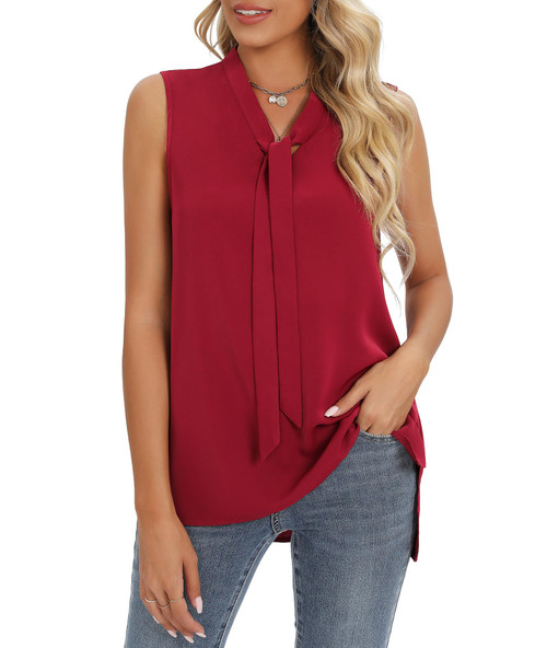 CZYINXIAN Women's Sleeveless Button Down Blouses Business Casual Chiffon Tank Blouses Loose V Neck Office Shirts(Wine Red,XX-Large)
