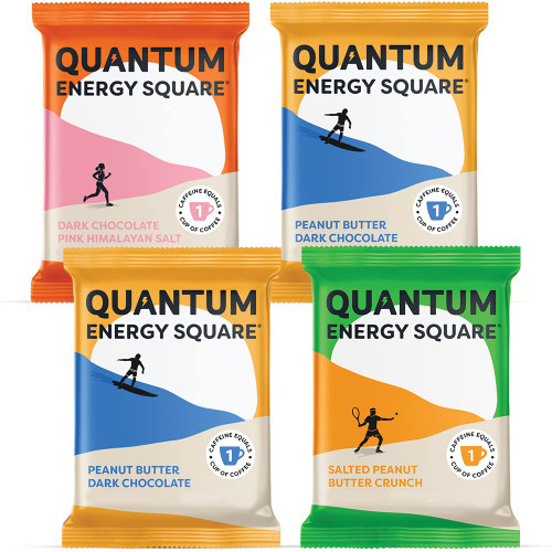 Quantum Energy Square: Caffeinated Energy Bar, 10g Plant-Based Protein, Vegan, Gluten Free. Delicious Healthy Snack On The Go. Soy Free & Dairy Free. Variety 4-Pack