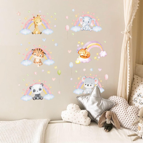 Tanlaby Cartoon Animal Rainbow Wall Stickers, Colorful Rainbow Clouds Jungle Elephant Giraffe Tiger Wall Decals, Wall Art Sticker for Kids Baby Nursery Playroom Bedroom Girls Boy Room Wall Decor