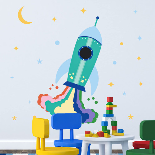 Large Rocket and Star Wall Decals Outer Space Wall Stickers Peel and Stick Removable Rocket Sticker Art Decor for Kids Bedroom Nursery Boys Girls Playroom Classroom Decoration