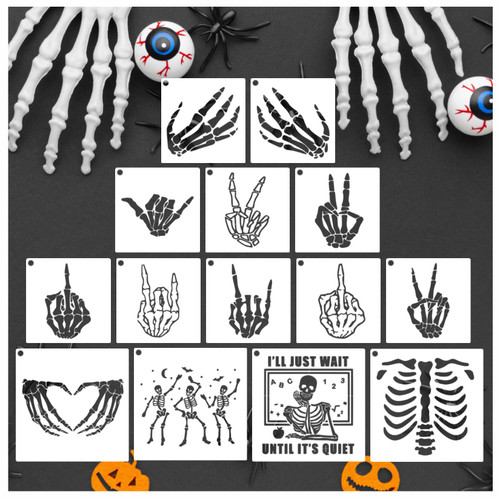 14 Pieces Halloween Skeleton Stencils Reusable, Halloween Art Skull Hand Drawing Bone Templates Stencils for Painting on Wood Walls Fabrics Window DIY Crafts Shirt (14pcs Bone) 14 Pieces Halloween Skeleton Stencils Reusable, Halloween Art Skull Hand Drawing Bone Templates Stencils for Painting on Wood Walls Fabrics Window DIY Crafts Shirt (14pcs Bone)