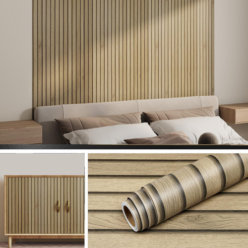 Livelynine Slats Wood Wallpaper Peel and Stick Removable Natural Wood Contact Paper Peel & Stick Accent Wall Vinyl Faux Wood Slats for Wall Brown Beadboard Wallpaper for Bathroom Kitchen 15.8x78.8