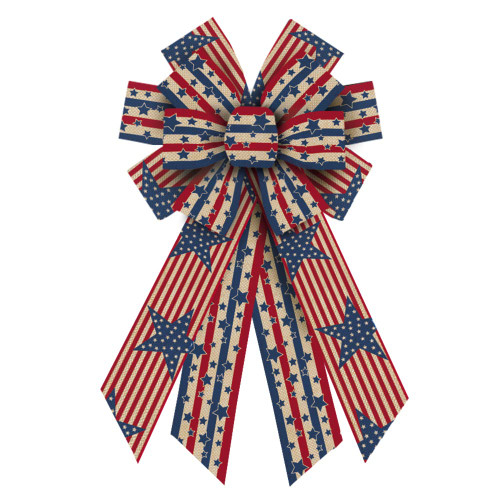 Estivaux Large Veterans Day Patriotic Bows for Wreath, Labor Day Wreath Bows Blue Natural Burlap Bows American Stars Stripes Tree Topper Bows for Front Door Veterans Day Patriotic Decorations Supplies