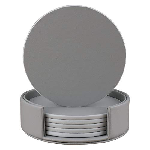Coasters for Drinks, Round Leather Coasters with Holder Set of 6 Protect Your Furniture (Gray, Round)