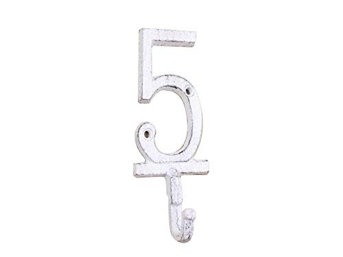 Hampton Nautical Whitewashed Cast Iron Number 5 Wall Hook 6" - Decor Hook - Cast Iron Home Decor