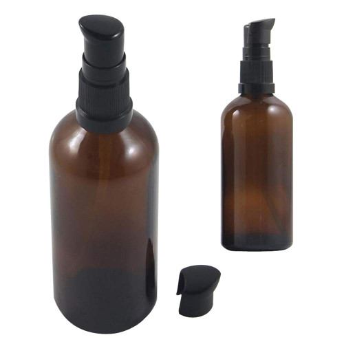 UPSTORE 2Pcs (100ml/ 3.4oz) Amber Glass Empty Pump Press Bottles with Cap Refillable Portable Bottle Vial Case Makeup Pot Jar Travel Sub Bottling for Lotion Essence Emulsion Essence Serum Shampoo