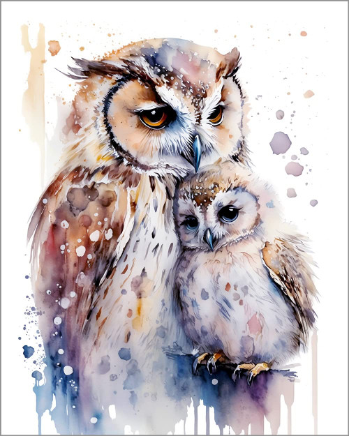 7Dots Art. Mom and baby Animals. Watercolor Art Print, poster 8"x10" on Fine Art thick Watercolor (aquarelle) paper for children's room, kid's bedroom, playroom, and bathroom. Wall art decoration. Unframed. (n owl)