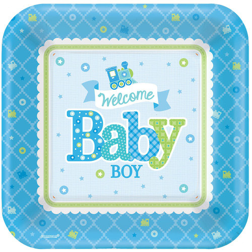 amscan Charming Welcome Little One Boy Square Plates Baby Shower Party Supplies, 10", Blue/White/Green