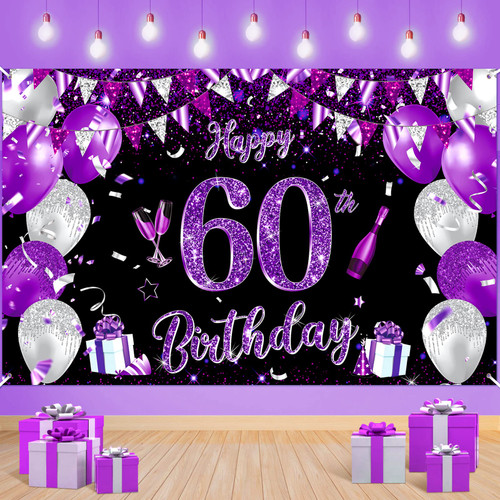 Purple 60th Birthday Decoration Banner for Women Large Black Purple Silver Happy 60th Birthday Banner Purple and Black 60th Backdrop Background for 60th Birthday Anniversary Party Supplies