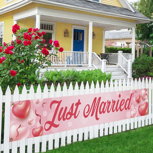 Just Married Large Banner, Wedding, Bridal Shower Porch Sign Lawn Sign, Rustic Wedding Reception Decorations, Indoor Outdoor Backdrop 8.9 x 1.6 Feet