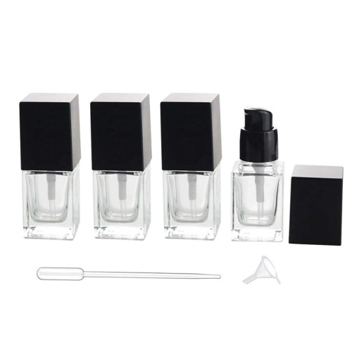 Wresty 4 Pack Liquid Foundation Bottle Square Clear Glass Lotion Pump Bottles Cosmetic Cream Dispenser Bottle Travel Essential Oils Emulsion Essence Container (15ml/0.5oz)