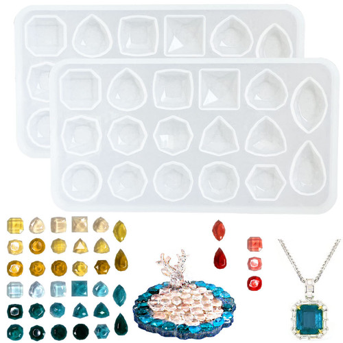 Szcelling 2Pcs Faceted Gemstone Silicone Mold for Resin, Collage Crystal Stones 3D Diamond Gem Epoxy Resin Mold 34 Crystals Clear Resin Casting Mold Ice Cube DIY Jewelry Making Decor