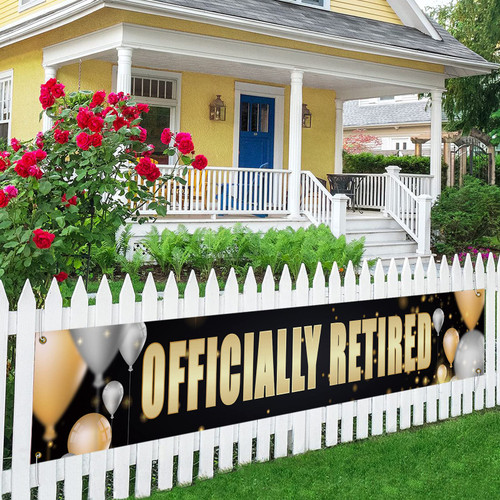 Officially Retired Large Banner, Retirement Theme Yard Sign Lawn Sign, Gold and Black Happy Retirement Party Outdoor Indoor Backdrop 9.8 x 1.6 Feet