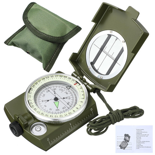 Xuhal Multifunctional Survival Compass Military Lensatic Sighting Compass Tactical Army Green Metal Compass with Lanyard Carrying Bag Manual Waterproof Shakeproof for Hiking Camping Hunt Trip Outdoor