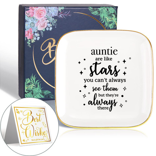 To My Aunt Saying Ceramic Ring Dish Decorative Jewelry Tray for Aunt, Unique Aunt Mother's DAY Birthday Christmas Meaningful Gifts for Aunt from Niece Nephew -Auntie are Like Stars