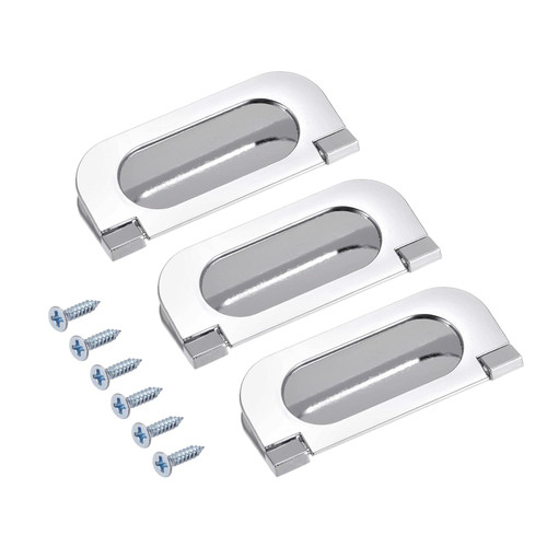 METALLIXITY Flush Ring Pull Handles(74mm/2.91") 3Pcs, Zinc Alloy Hidden Recessed Furniture Grip with Screws - for Drawer Sliding Door, Light Silver