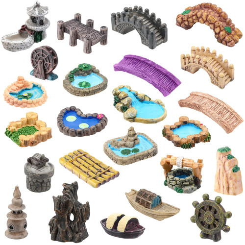 Meooeck 24 Pcs Fairy Garden Accessories Miniature Garden Bridge Figurines Fairy Garden Decor Mini Lighthouse Water Well Mini Fairy Figurines Ornament for Micro Landscape Yard DIY Craft Pond Dollhouse