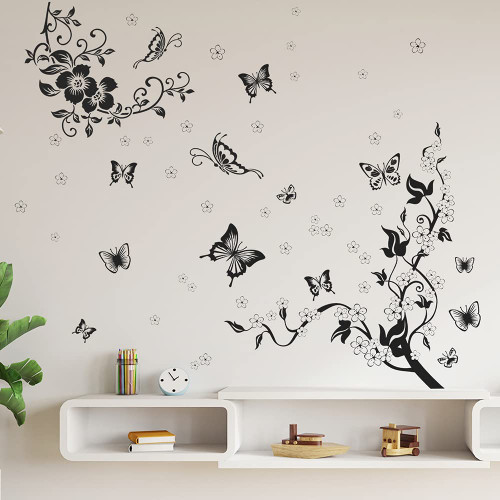 Supzone Flowers Vine Wall Decals Black Flowers Wall Stickers Butterfly Wall Decor Removable Vinyl Wall Art Stickers for Bedroom Living Room Office Sofa Backdrop TV Wall Home Decoration