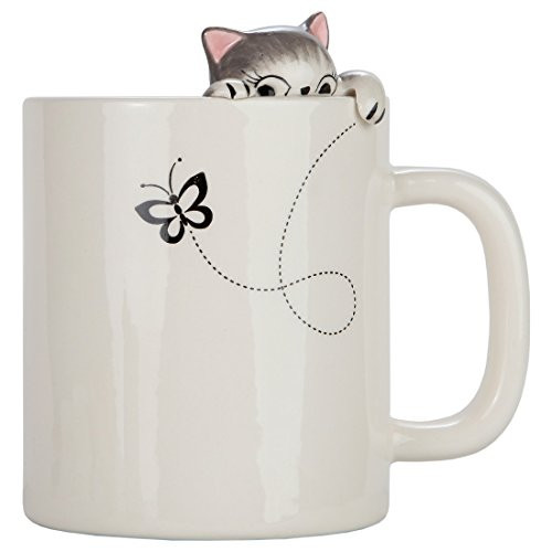 Lily's Home Cute Clinging Grey Tabby Cat Mug for Coffee and Tea. Ceramic 3D Cup for Cat Lovers
