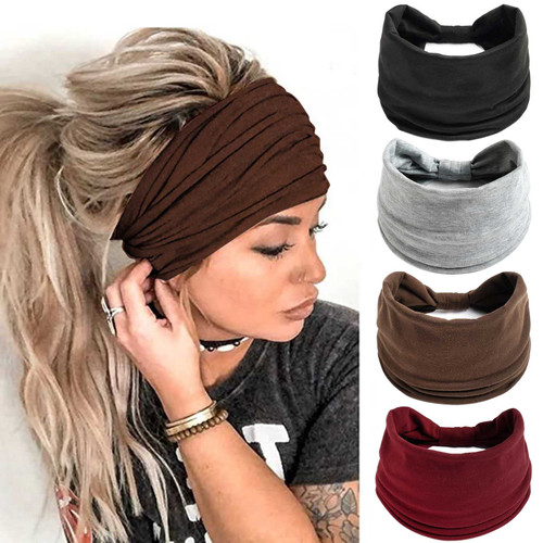Acenail Wide Headbands Women Knotted Turban Headband Elastic Non Slip Hairbands Floral Workout Head Bands Leopard Yoga Sweatbands Cotton Hair Scarfs Boho Head Wraps Fashion Hair Accessories for Women and Girls Pack of 4 (Solid)