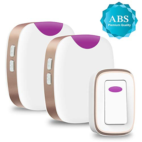 Agedate Waterproof Wireless Doorbell, 36 Chimes, 4 Level Volume, Upgraded Door Chime with 2 Plug-in Receivers &1 Push Button Transmitter (No Battery Needed) - Rose Gold