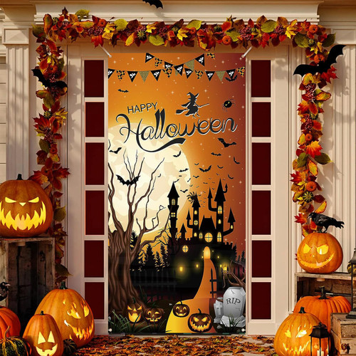 Halloween Door Cover Brown Happy Halloween Door Decorations Banner Horror Pumpkin Moon Night Witch Castle Bat Halloween Backdrop Background for Scary Halloween Party Supplies Indoor Outdoor Decor