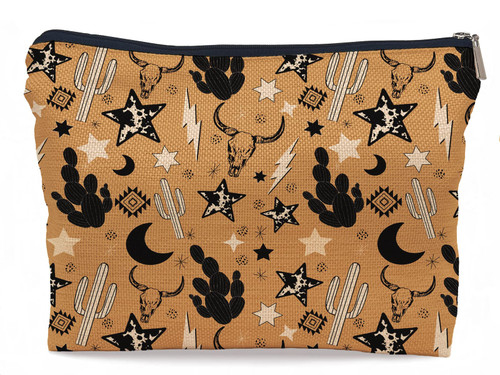 Lacosu Western Country Stuff Bull Skull Cactus Celestial Pattern Makeup Bag Make up Cosmetic Bag Small Zipper Pouch,Gifts for Girls Women,Cowgirl Gifts for Girls
