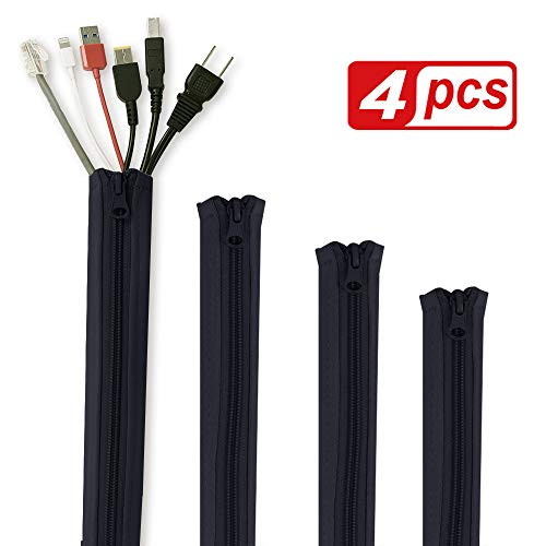 StangH Cable Management Sleeves for Wires - Cord Management System Wrap Cover Organizer with Zipper, 19" Wire Hider Protector for TV/PC Computer/Office / Home Entertainment, 4Pcs