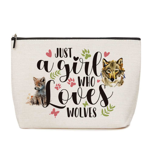 Wolf Gifts Just A Girl Who Loves Wolves Makeup Bag Wolf Lovers Gift Wolf Decor Bag Animal Lovers Gifts for Women Birthday Christmas Presents for Her Friends Sister BFF Besties