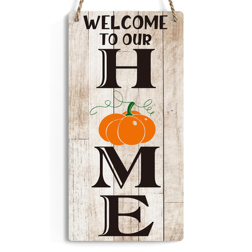 Welcome to Home Pumpkin Autumn Wood Sign Decoration Fall Wooden Signs Rustic Hanging Plaque Home Wall Art 6" x 12" Sign Wall Decor for Farmhouse Home Office