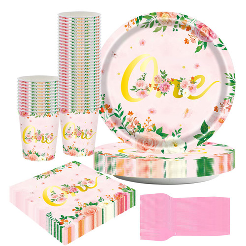 48 Pack Baseball Plates 7 Inch Round Baseball Birthday Party Supplies Sports Themed Paper Plates (FLOWER)