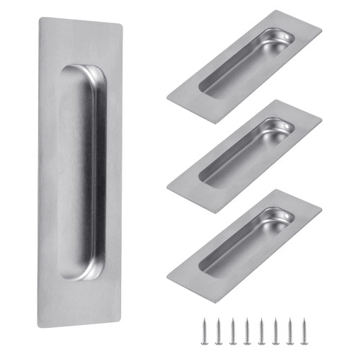 4PCS Sliding Door Pulls Flush Door Handles, 4-3/4'' Flush Pulls Rectangular Recessed Door Handles Pocket Door Hardware Bypass, Closet Door Finger Pulls for Drawer Cabinet, Satin Nickel