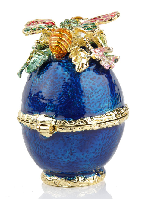 SEVENBEES Blue Faberge Egg Gifts Trinket Box Hinged with Large Bee Figurine - Hand Painted Enameled Bee Egg Decor Fabege Jewelry Trinket Boxes Gift for Home Decor