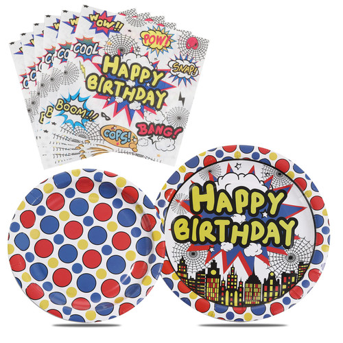 Hero Theme Party Supplies Birthday Decorations ,Disposable Themed Tableware Set for Kids Birthday Dinner Dessert Plates and Napkins Serves 16 Guests 48PCS