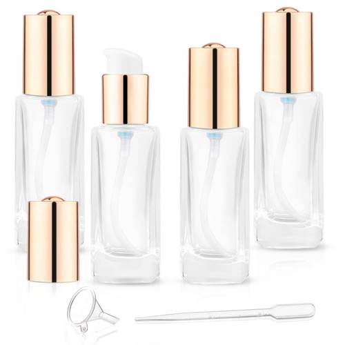 4 Pack 30ml/1oz Clear Glass Pump Bottle Empty Square Lotion Foundation Container Refillable Cosmetic Dispenser with Press Pump for Essence Emulsion Cleanser Body Cream - Golden Lid