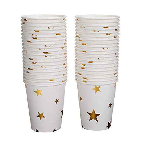 Geeklife Gold Stars Paper Cups,Sparkly Gold Foil Disposable Paper Cups 9oz for Wedding,Party,Cocktail and Anniversary Dinner