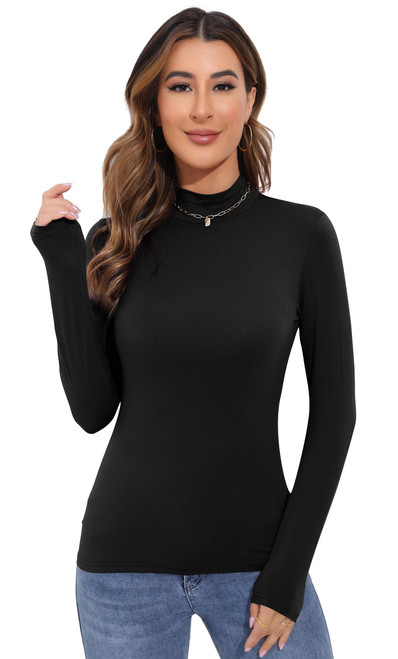 Women's Basic Long Sleeve Thermal Top Lightweight Mock Neck Shirts Slim Fit Layer Soft Top Black Large