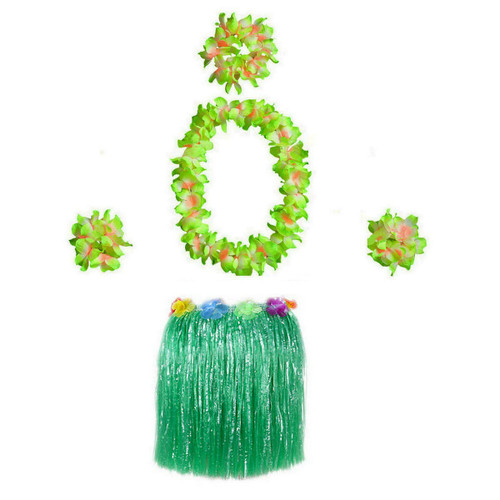 BAJOTAL Hawaiian Luau Hula Grass Skirt with Large Flower Costume Set for Dance Performance Party Decorations Favors Supplies (16" - Green)