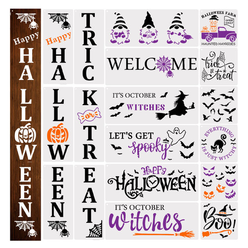 AIEX 18pcs Halloween Stencils for Painting on Wood Reusable Happy Halloween Stencils Trick or Treat Welcome Porch Sign Stencils Pumpkin Ghost Bat Witch Templates for Home DIY Decorations AIEX 18pcs Halloween Stencils for Painting on Wood Reusable Happy Halloween Stencils Trick or Treat Welcome Porch Sign Stencils Pumpkin Ghost Bat Witch Templates for Home DIY Decorations