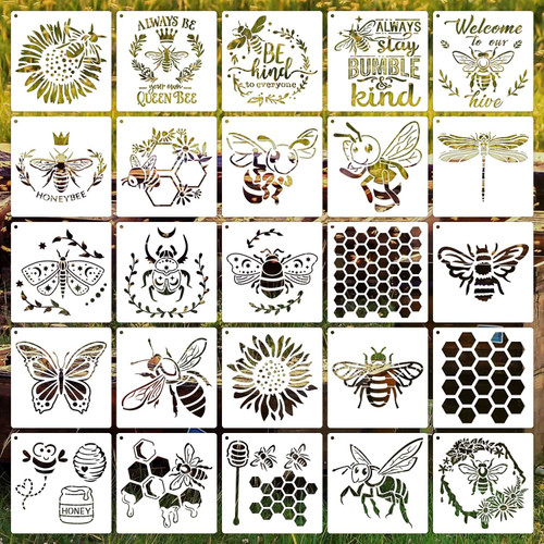 6 Inch Bee Stencils Reusable Honeycomb Honey Stencils for Painting on Wood, 25 Pieces Bee Stencil DIY Craft Template for Painting on Furniture, Canvas, Wall, Home Decor(Bee)
