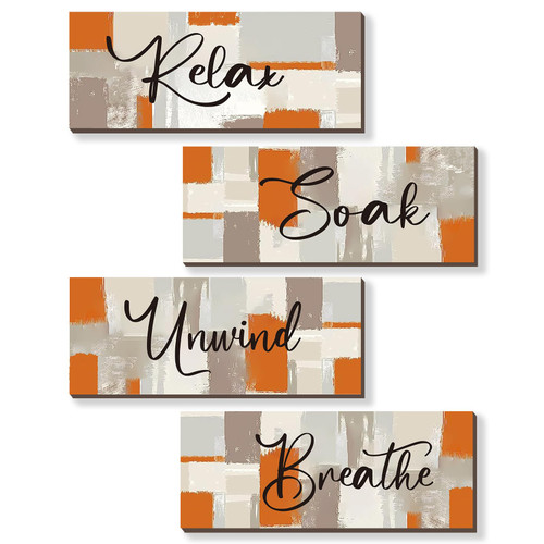 4 Pcs Orange Bathroom Decor Orange Wall Decor with Relax Soak Unwind Breathe Relaxing Quotes Abstract Wooden Hanging Wall Art Farmhouse Decoration for Bedroom Living Room Office (Orange 10X4 Inch)