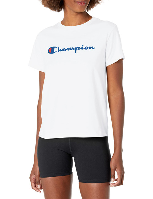 Champion womens Classic Tee, Script Logo T Shirt, White-y08113, Small US