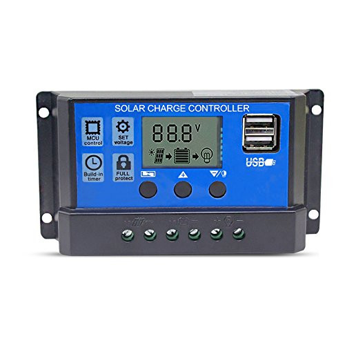 Solar Charge Controller 20A Solar Panel Battery Controller 12V/24V PWM Solar Controller Intelligent Regulator Adjustable LCD Display with Dual USB Load Timer Setting ON/OFF Hours