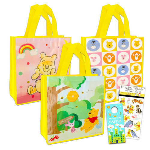 Pooh Bear Disney Winnie the Pooh Tote Bag Set for Kids, Adults 4 Pc Bundle with 3 Large Reusable Grocery Bags and Stickers | Winnie the Pooh Party Supplies and Favors