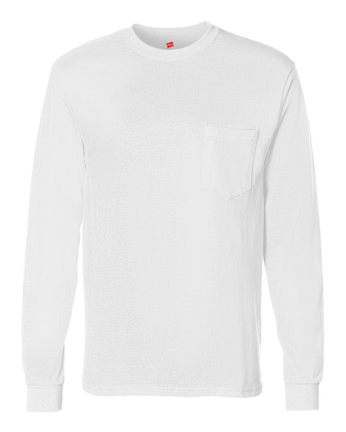 Hanes Adult Tagless Long Sleeve Tee With Pocket, White, X-Large