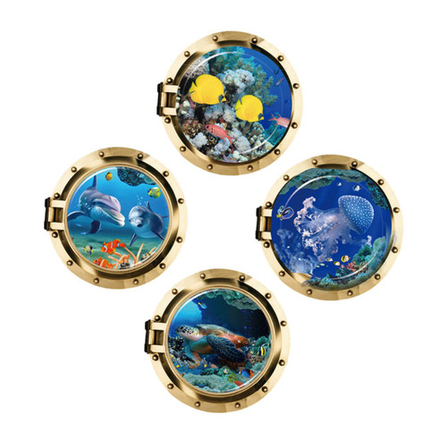 VICASKY 4pcs Underwater World Sticker Wallpaper Mural Kids Room Decor Removable Wall Stickers Sea Scenery Wall Sticker Porthole Wall Decal Ocean Porthole Wall Decal Unique Wallpaper Unique