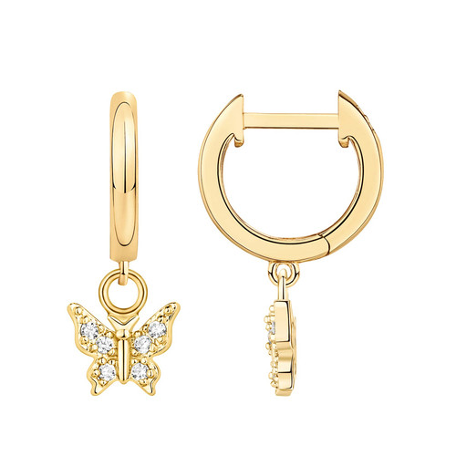 PAVOI 14K Yellow Gold Plated 925 Sterling Silver Post Huggie With Dangle | Small Gold Trendy Hinged Hoop Earrings For Women | CZ Huggie Earrings (Butterfly)